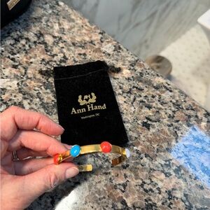 Ann Hand Gold Cuff Bracelet with Red and Blue Accents
